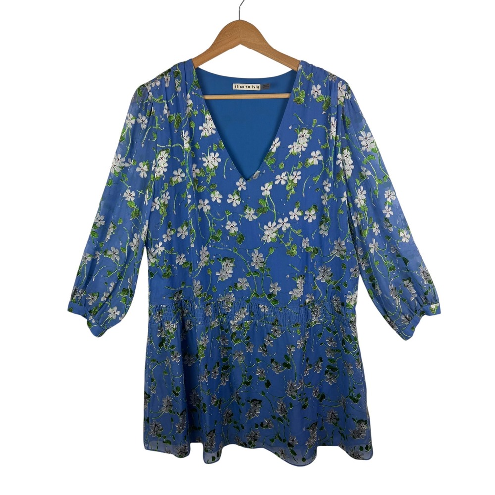 Alice + Olivia Adaline Blue Floral Silk Blend Smocked Mini Dress Sz 10 Romantic - Picture 2 of 11